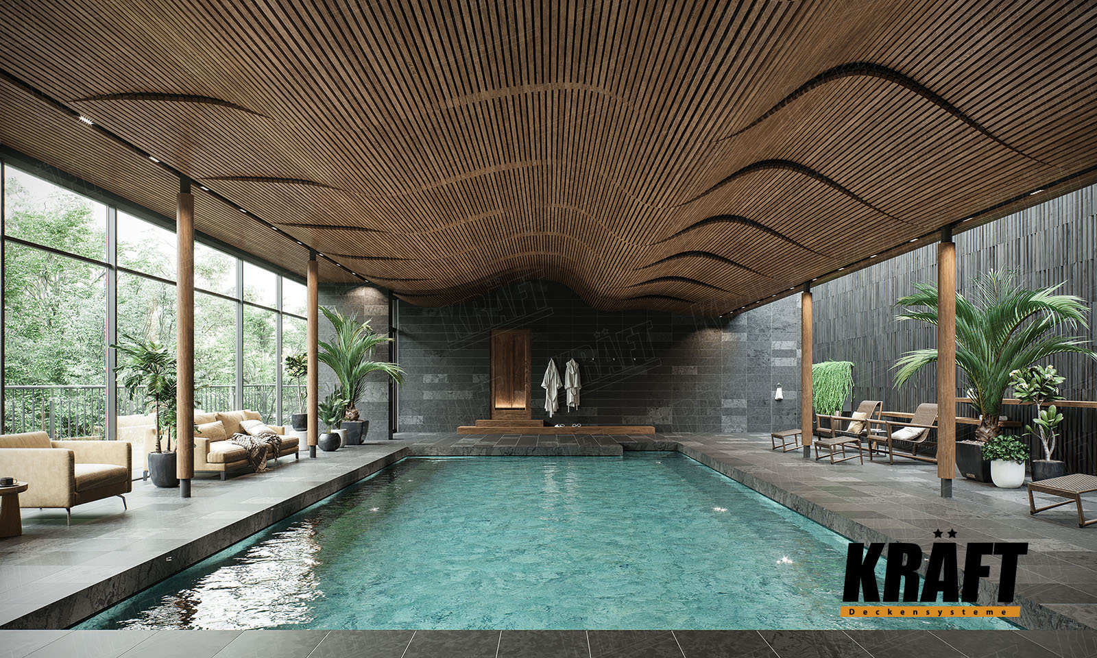 Oryginalny projekt sufitu podwieszanego z listwy kubicznej KRAFT z wykorzystaniem elastycznej belki nośnej w basenie