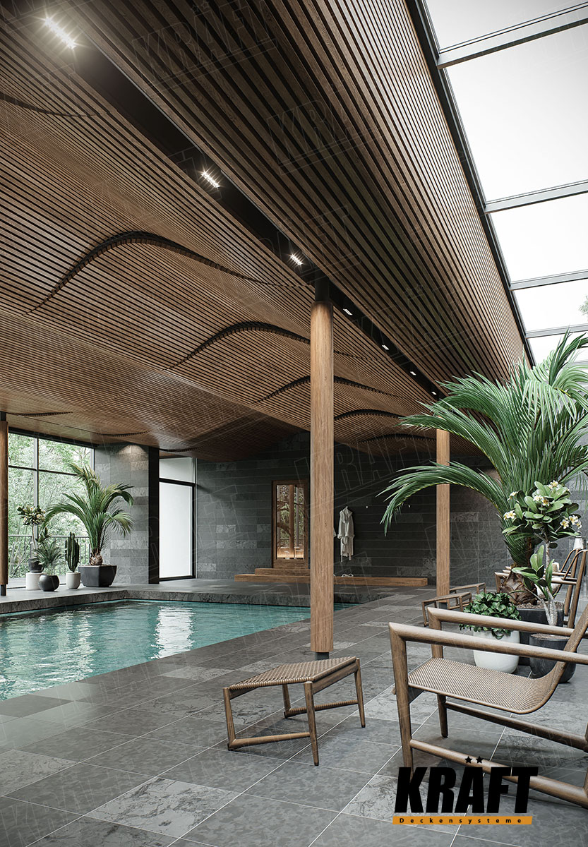Oryginalny projekt sufitu podwieszanego z listwy kubicznej KRAFT z wykorzystaniem elastycznej belki nośnej w basenie