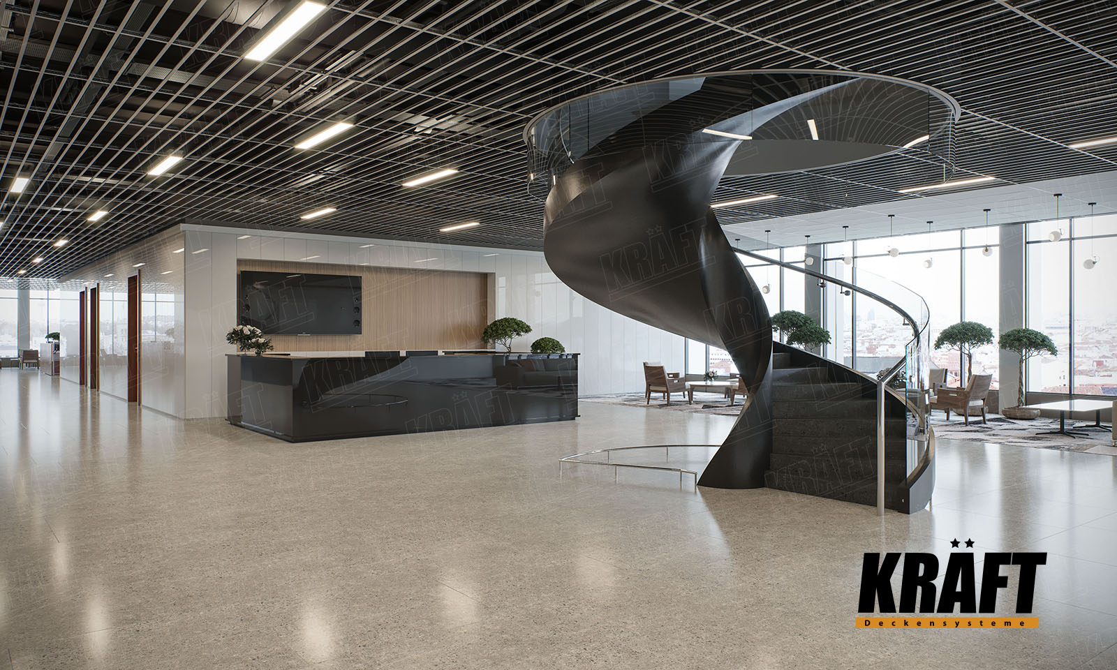 Sufit podwieszany z T-profili KRAFT we wnętrzu biura