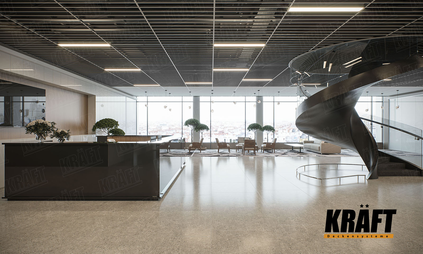 Sufit podwieszany z T-profili KRAFT we wnętrzu biura