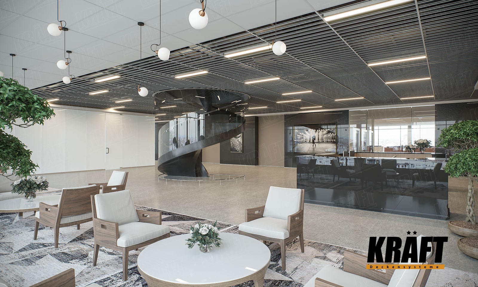 Sufit podwieszany z T-profili KRAFT we wnętrzu biura