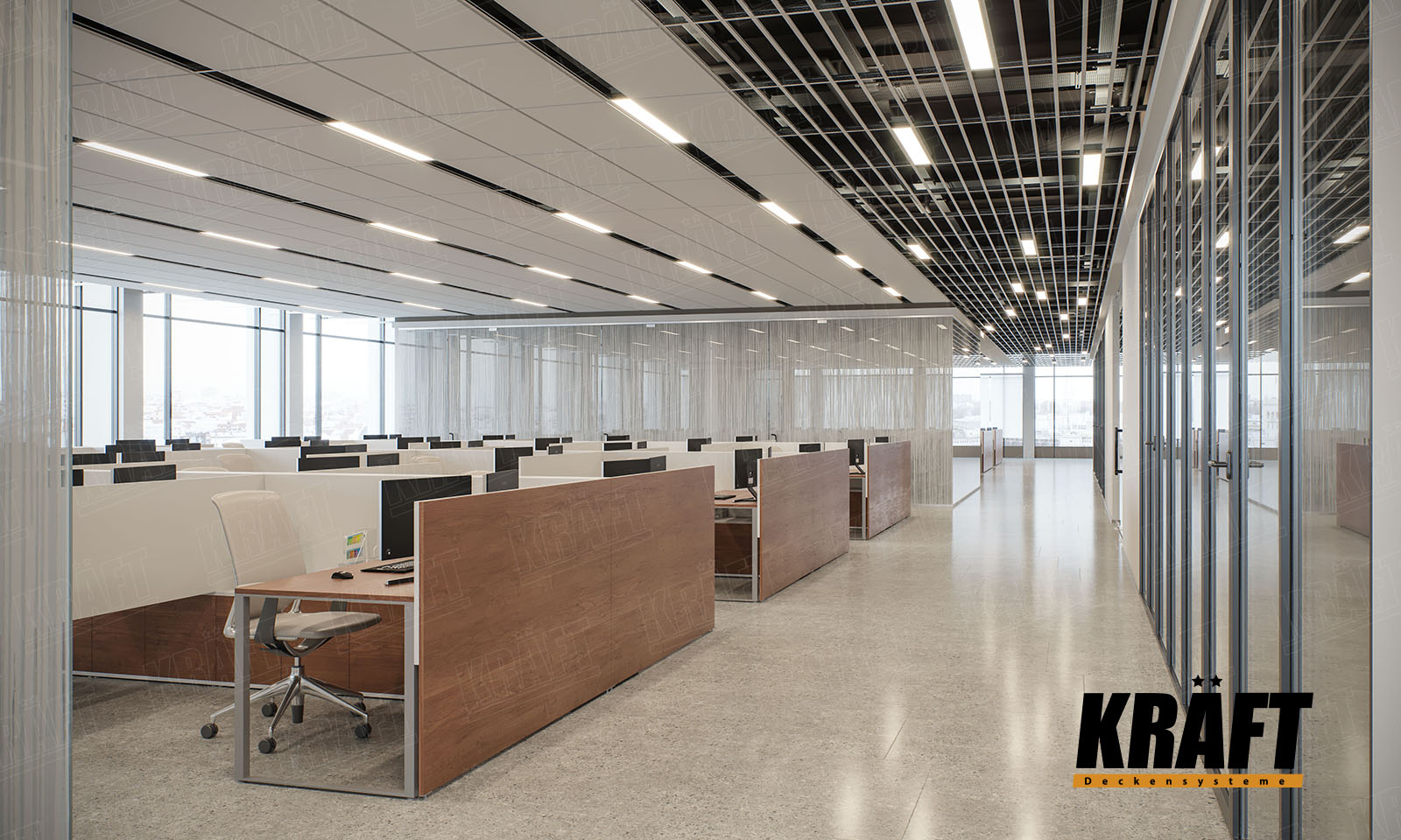 Sufit podwieszany z T-profili KRAFT we wnętrzu biura
