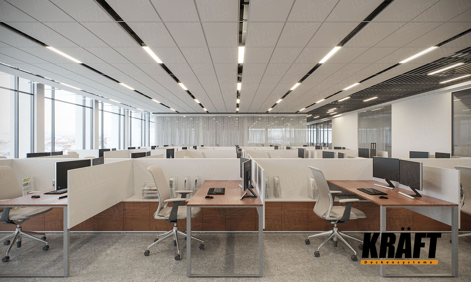 Sufit podwieszany z T-profili KRAFT we wnętrzu biura