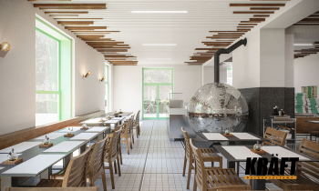 Laconic design: creative linear strip ceiling in a pizzeria (+6 photo)