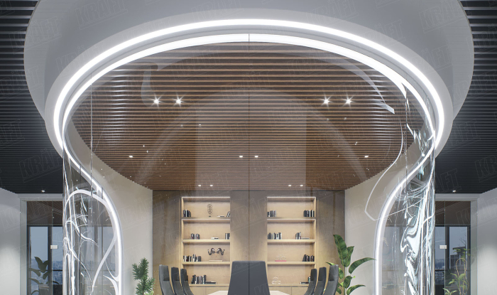 Apple-style office design and linear strip ceiling