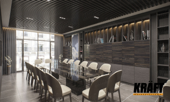 Wood, glass, metal - meeting room with a rail ceiling (+5 photos)