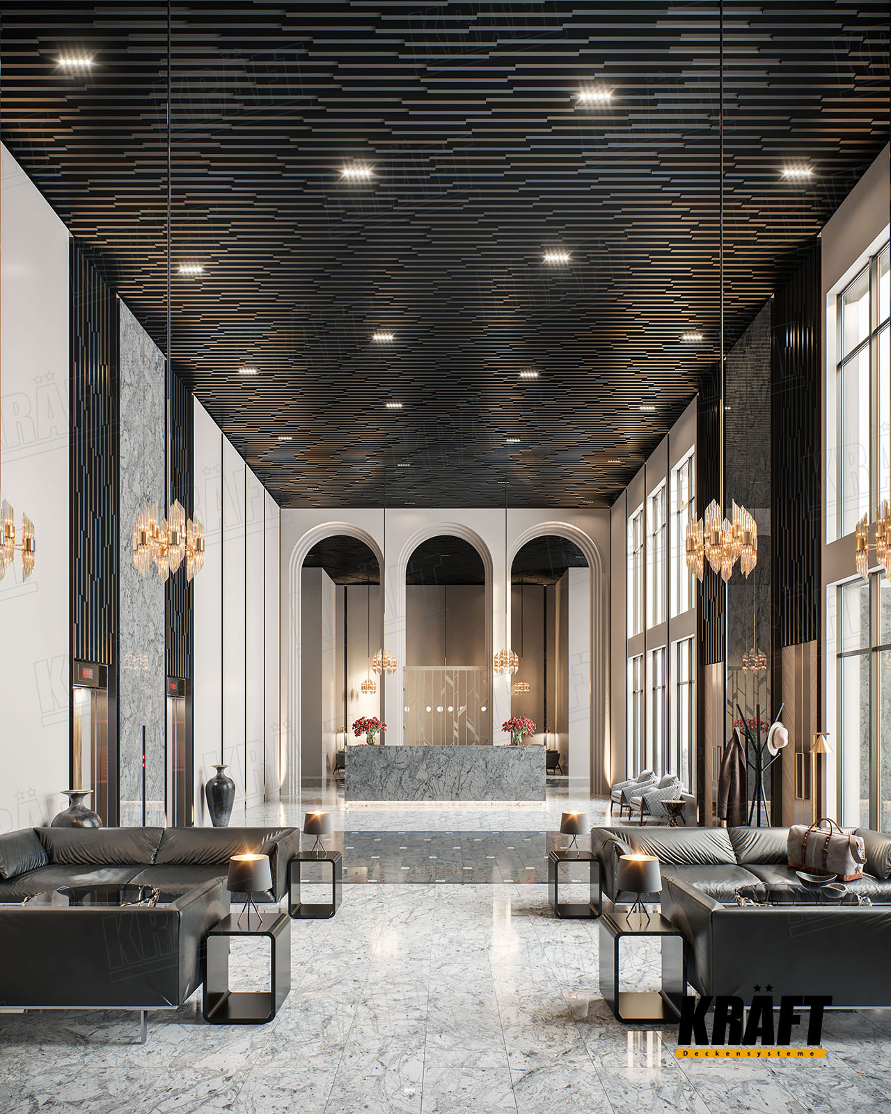 Designer KRAFT cube-shaped rail ceiling in the hotel interior