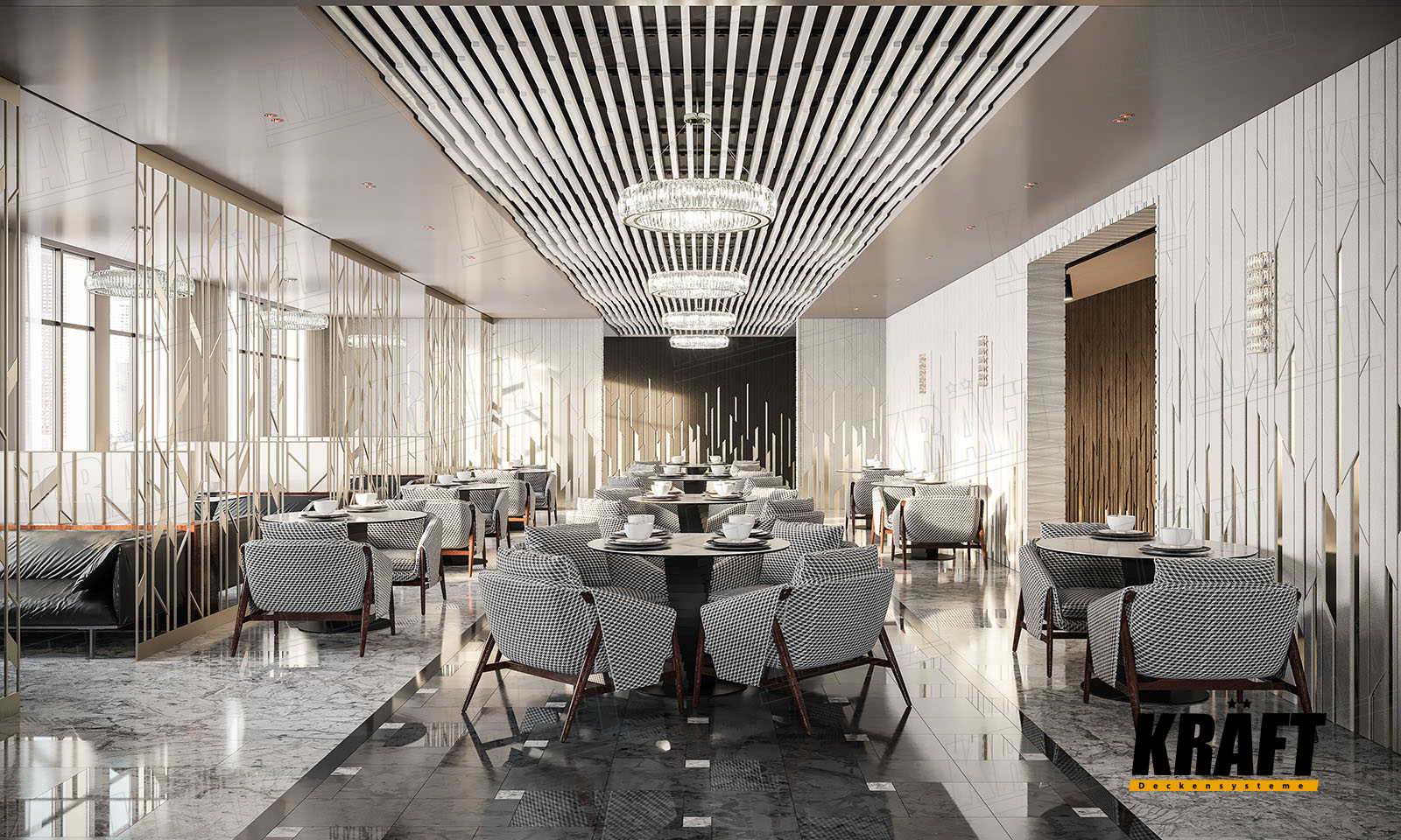 Designer KRAFT cube-shaped rail ceiling in the hotel interior