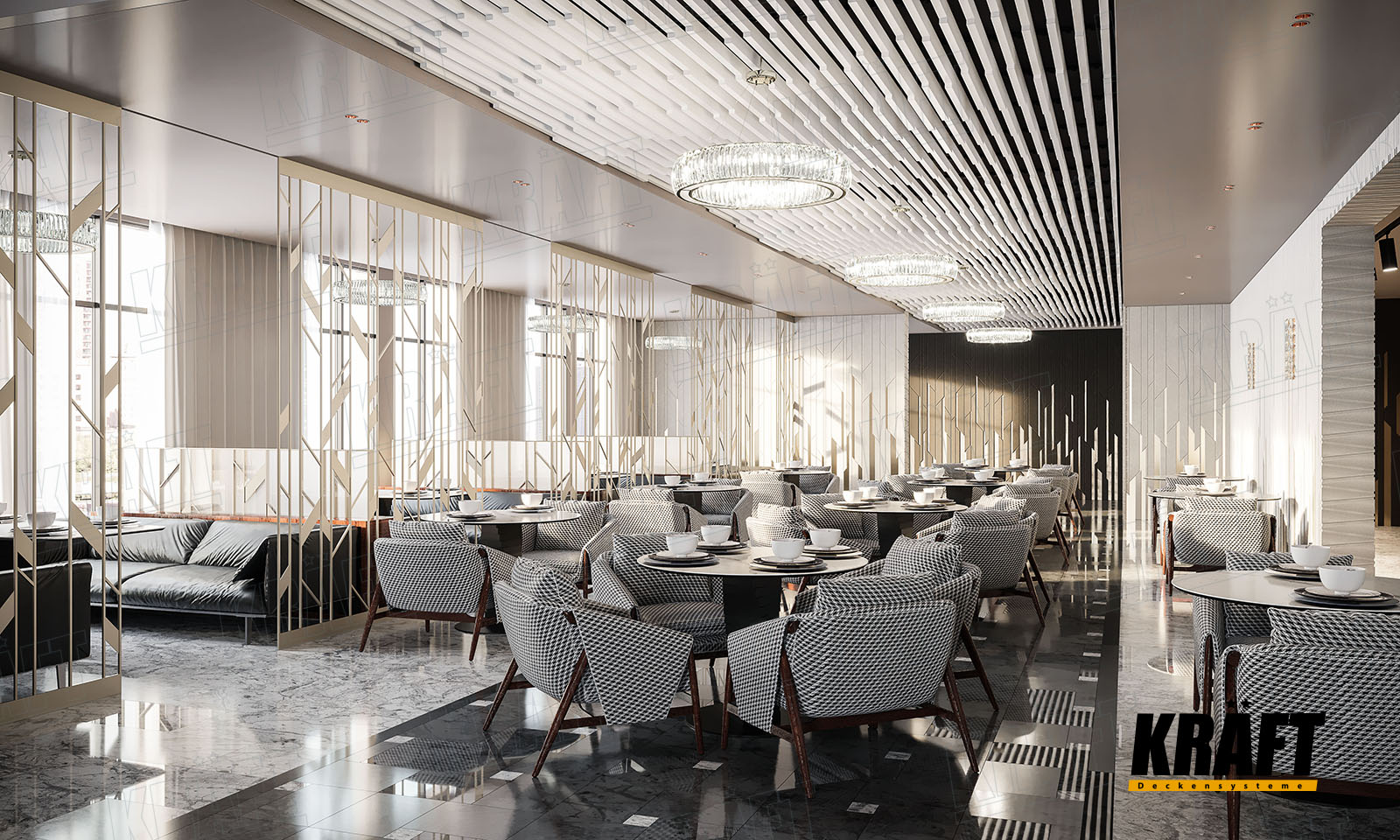 Designer KRAFT cube-shaped rail ceiling in the hotel interior