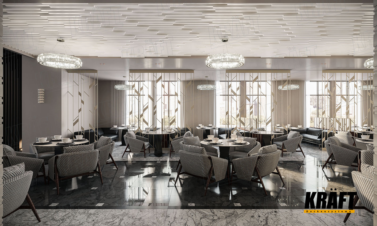 Designer KRAFT cube-shaped rail ceiling in the hotel interior