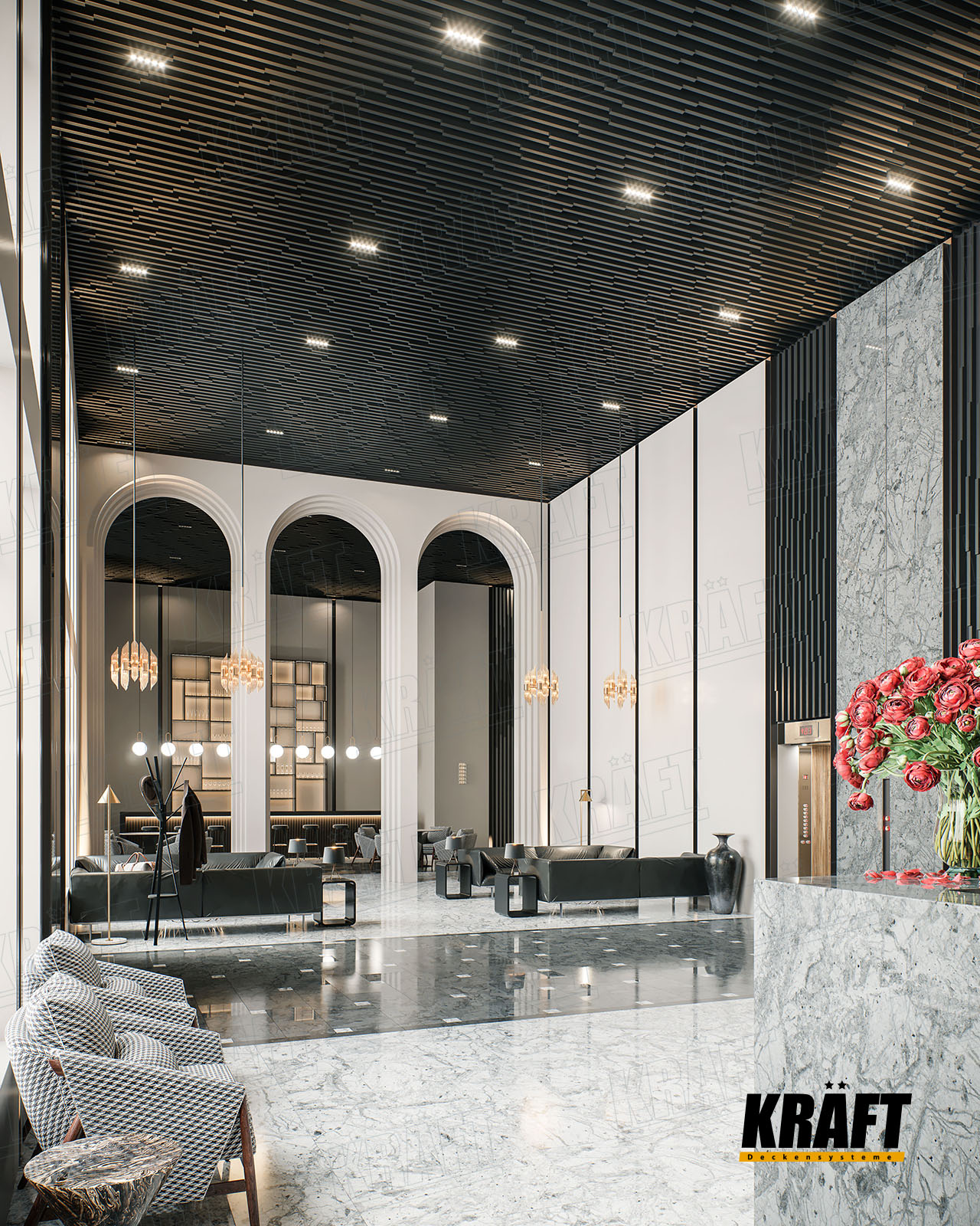 Designer KRAFT cube-shaped rail ceiling in the hotel interior