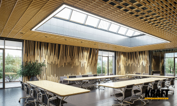 Pyramidal Open Cell Ceiling and Non-Standard Décor with Cube-Shaped Rails in an Office
