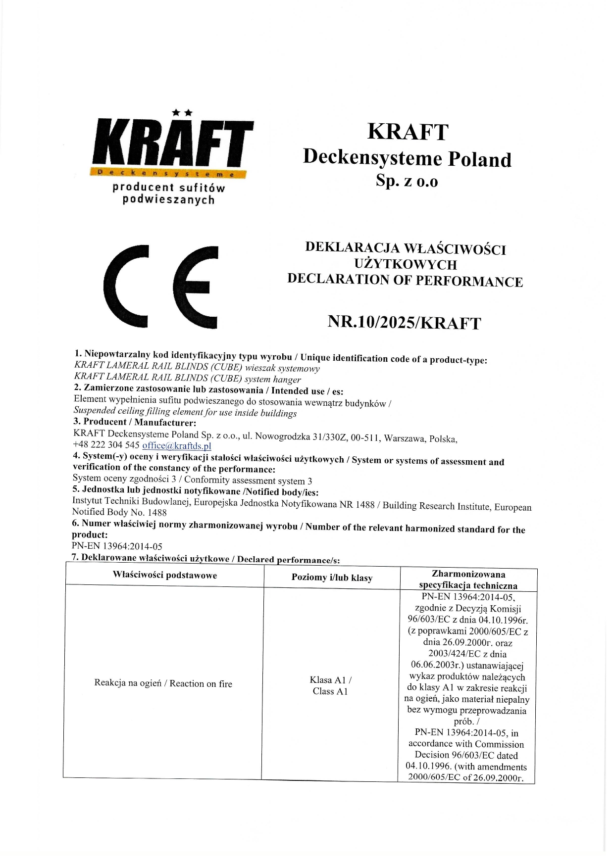 Deklaracja KRAFT Wieszak systemowy Listwa