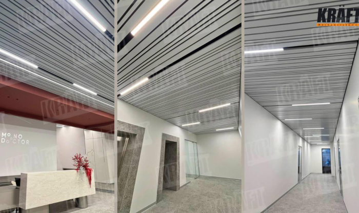 Cube-Shaped Rail Suspended Ceiling KRAFT in Modern Interiors: Design That Works for Comfort and Trust