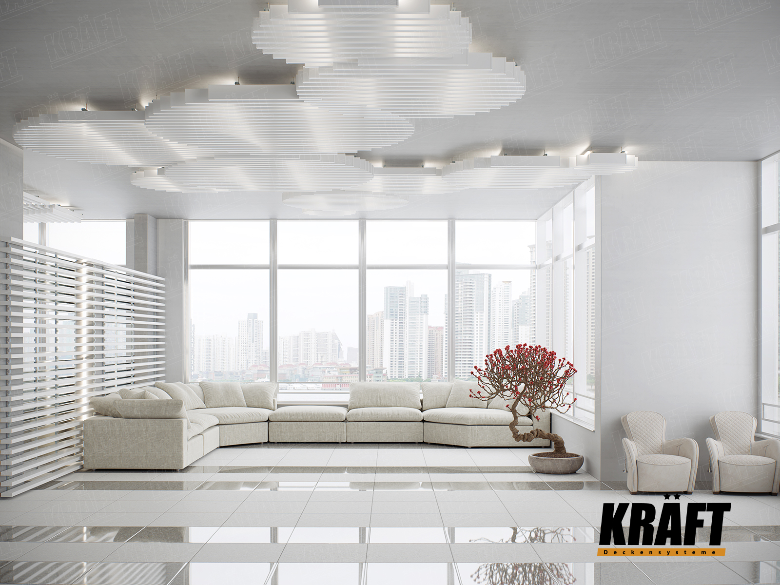 Designerski sufit podwieszany listwowy wykonany z listwy KRAFT Cube