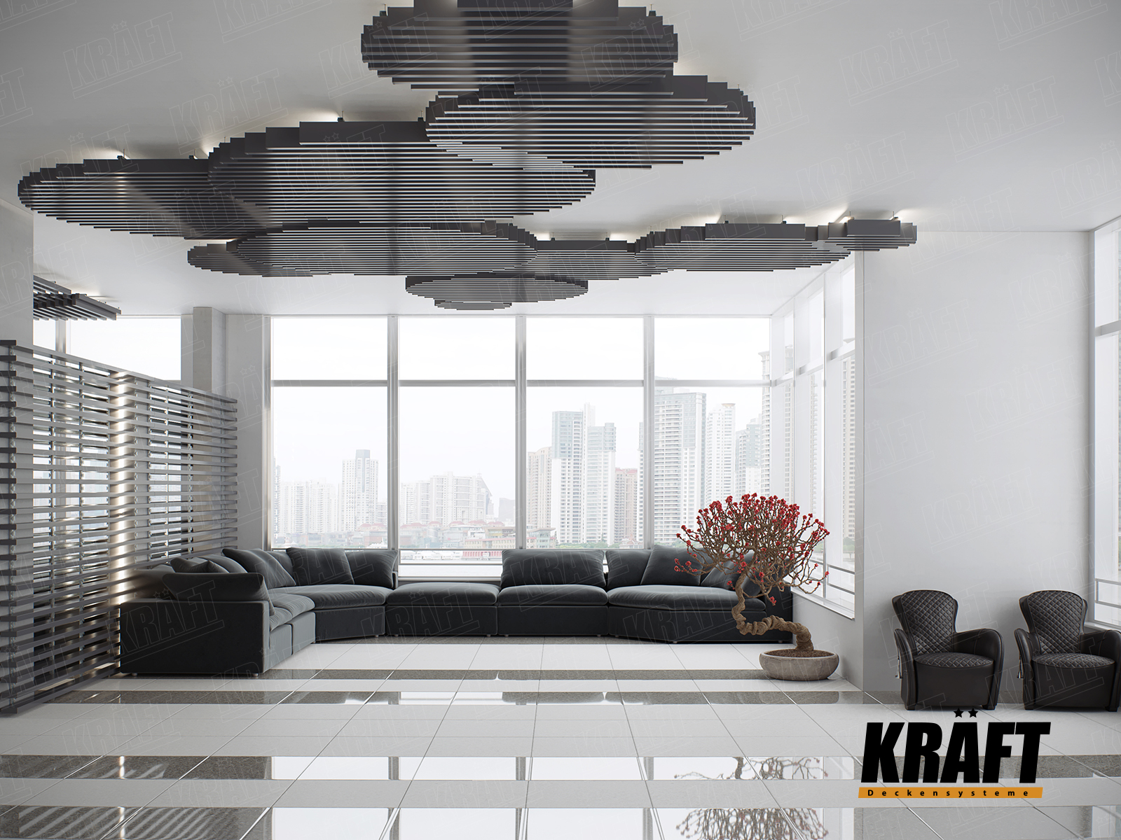 Designerski sufit podwieszany listwowy wykonany z listwy KRAFT Cube