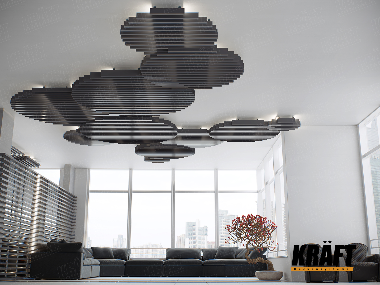 Designerski sufit podwieszany listwowy wykonany z listwy KRAFT Cube