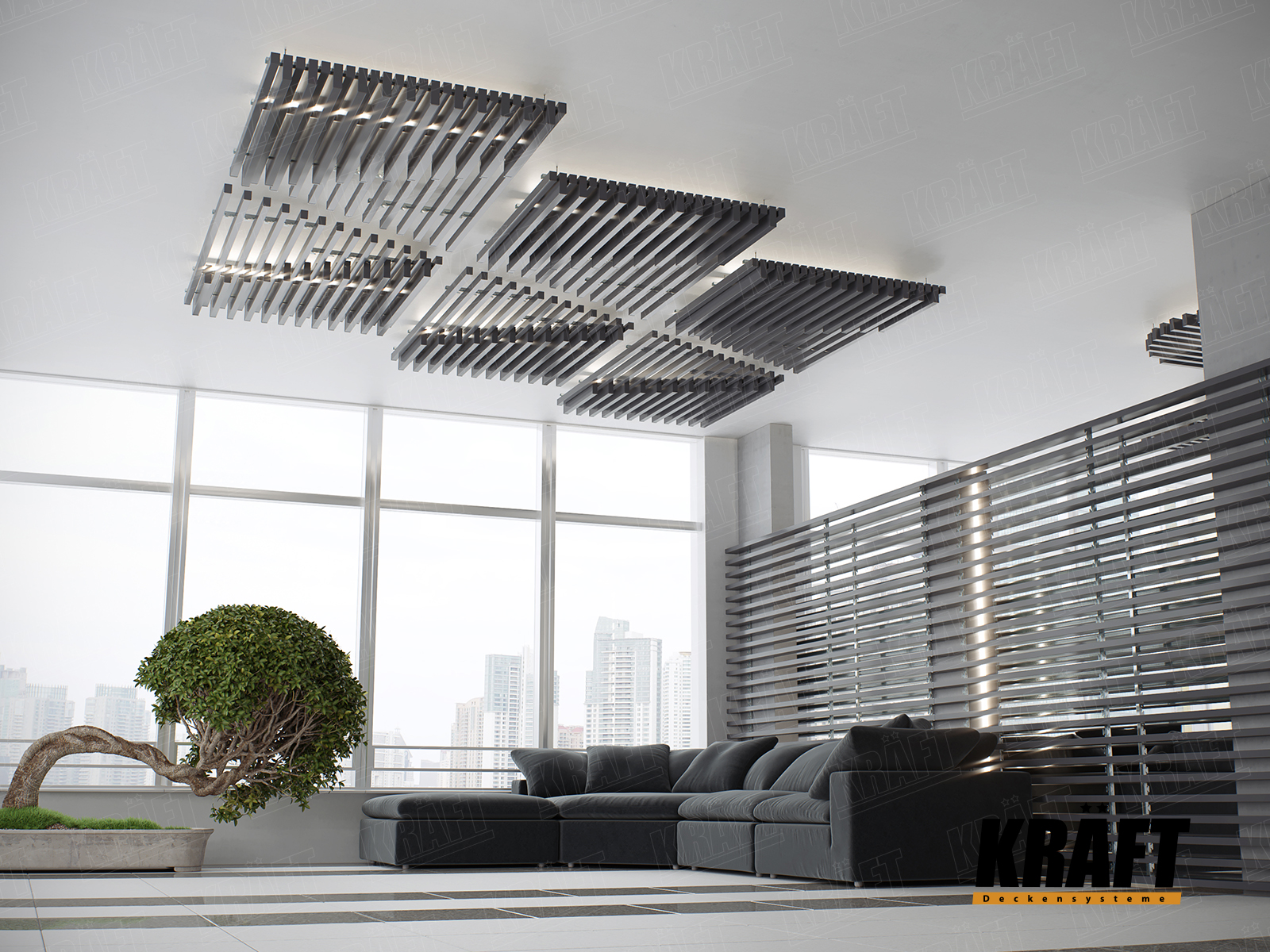 Designerski sufit podwieszany listwowy wykonany z listwy KRAFT Cube